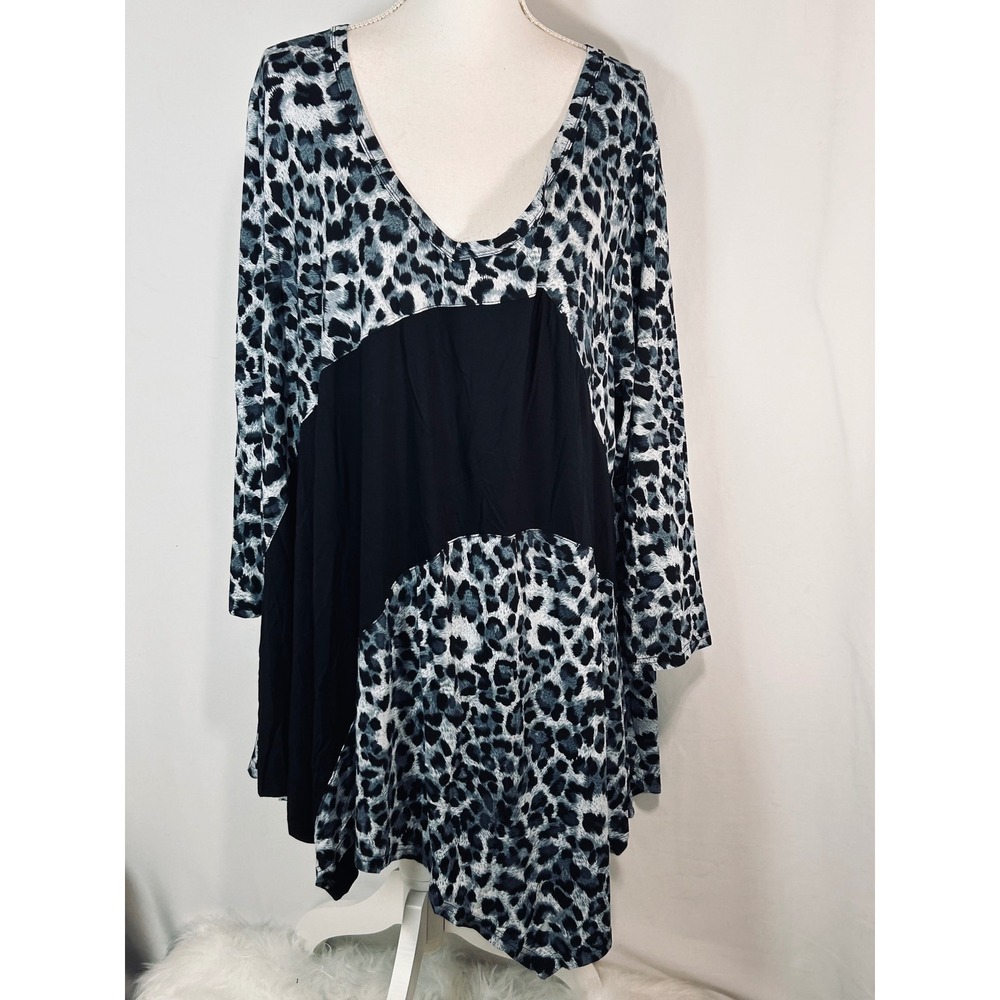 Larace Womens 5X Leopard Print Tunic Top V-Neck Long Sleeve Sharkbite Hem Black